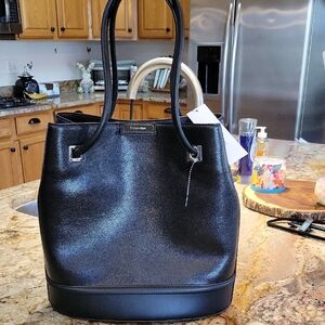 Calvin Klein Black Leather Bucket Tote with Top Handles